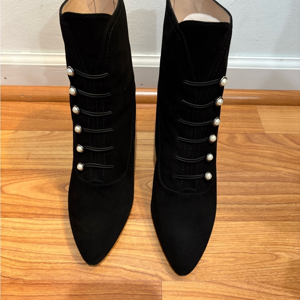 Stuart Weitzman Black Suede Ankle Boots with Pearl Accents